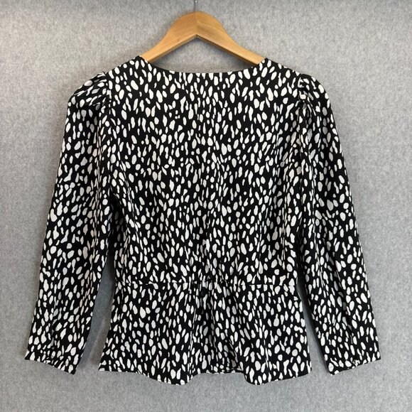 J.Crew Black White Ocelot Animal Print‎ Printed V-Neck 3/4 Sleeve Blouse Size 00 - Picture 6 of 13